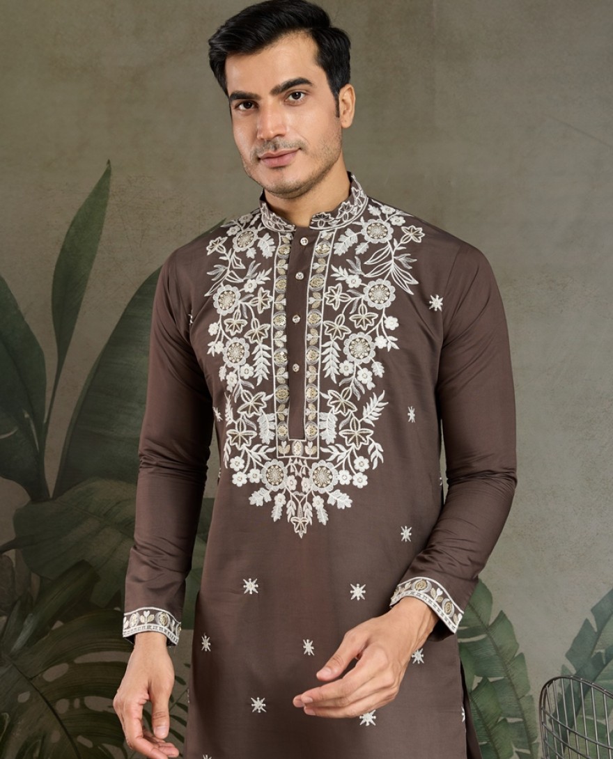 61322-brown - Brown Thread & Sequence Hand Embroidered Men’s Kurta Set